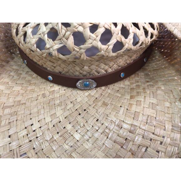 Stetson Mens Madrid Straw Cowboy Hat Turquoise Band Natural Size Small - Picture 8 of 8